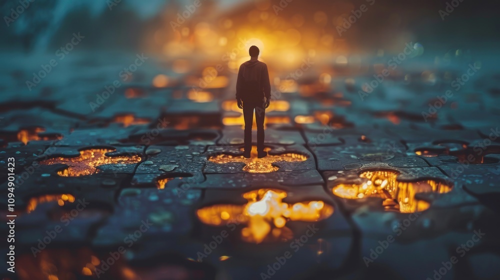 A solitary figure stands on a surreal landscape with glowing puzzle pieces and a fiery backdrop. A solitary figure stands on a surreal landscape with glowing puzzle pieces and a fiery backdrop.