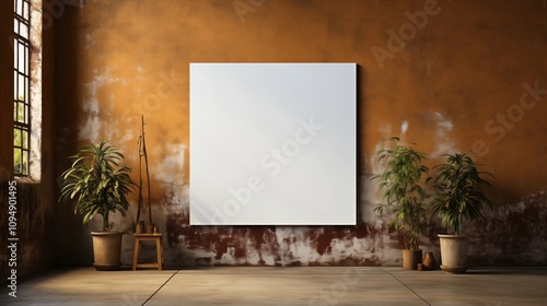 Artistic living room with a wooden easel and blank white canvas. The brown wall creates a cozy yet modern setting for creativity.