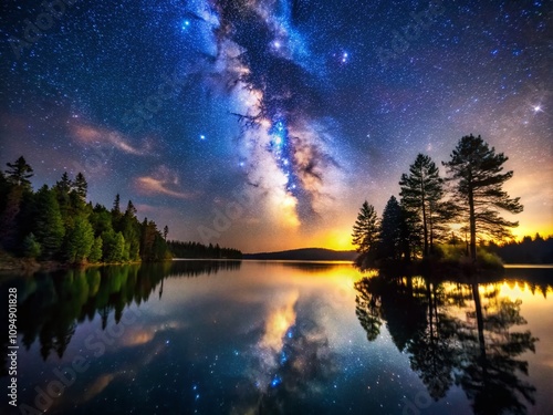 Captivating Night Photography of a Serene Lake with Stars Reflected on the Water and a Starry Sky Above, Showcasing the Beauty of Nature in the Quiet of the Night