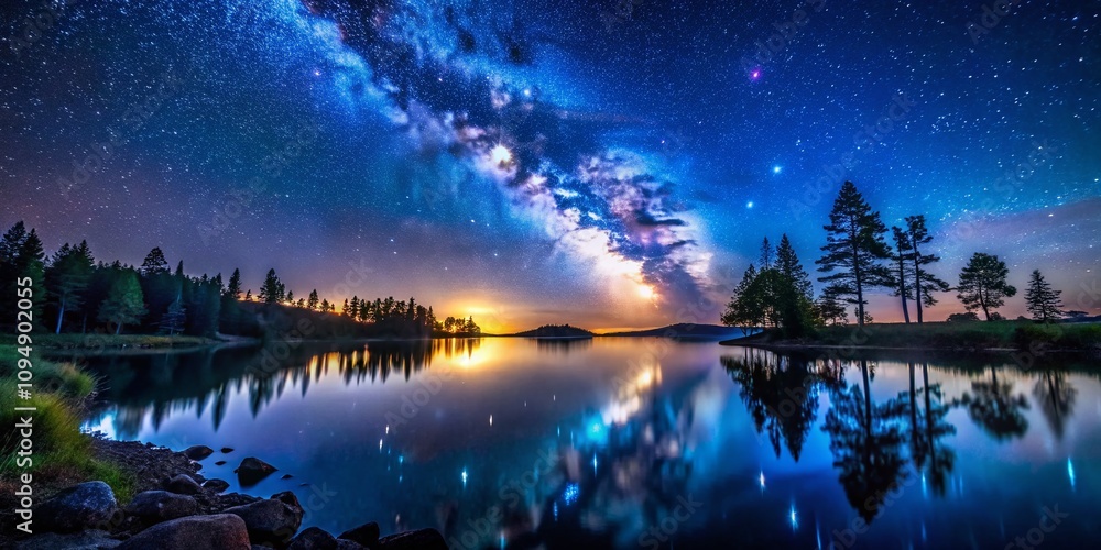Captivating Night Photography of a Starry Sky Over a Tranquil Lake with Reflections and Silhouettes of Trees, Ideal for Nature Lovers and Adventurers Seeking Serenity