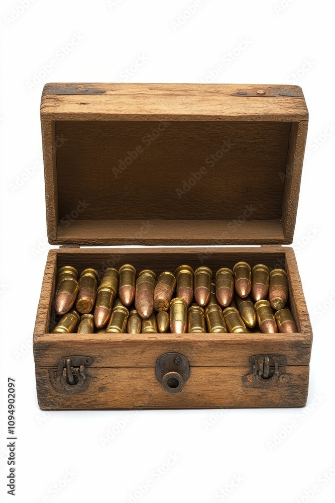 Wooden box filled with gold bullets. Wooden box filled with gold bullets.