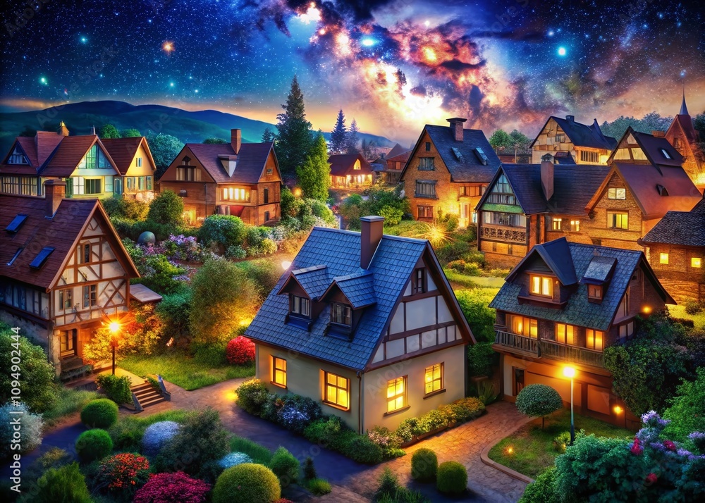 Captivating Night Photography of Charming Houses Illuminated Under Starry Skies for Artistic Inspiration and Drawing Reference Captivating Night Photography of Charming Houses Illuminated Under Starry Skies for Artistic Inspiration and Drawing Reference