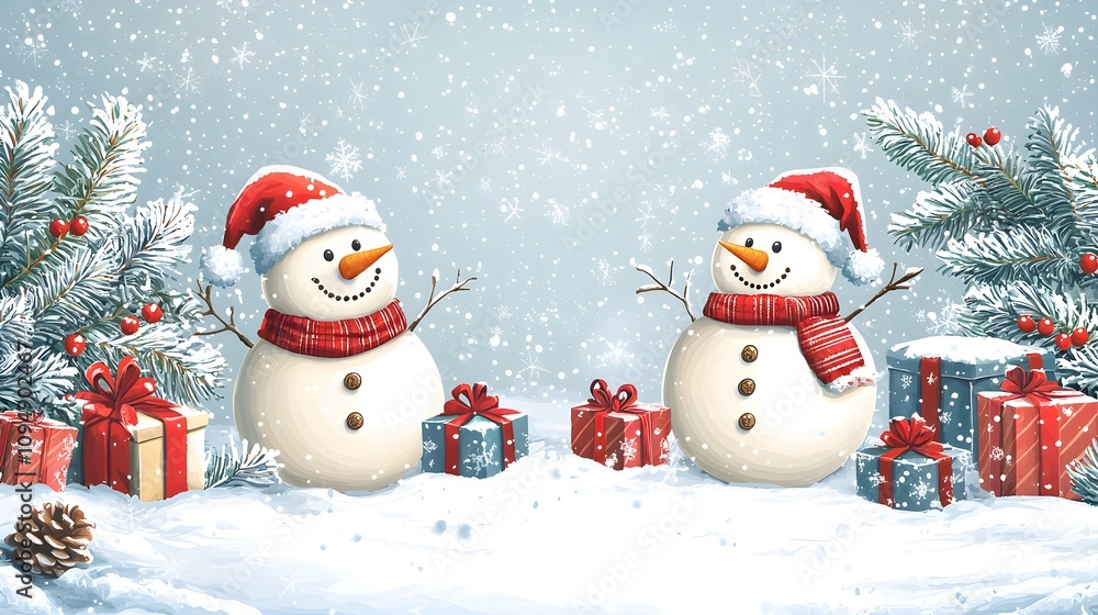 Christmas party billboard with snowmen, gifts, twinkling fairy lights, holiday promo design, clean vector style, isolated on white background Christmas party billboard with snowmen, gifts, twinkling fairy lights, holiday promo design, clean vector style, isolated on white background