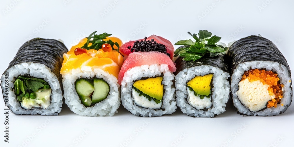 Colorful sushi rolls displayed neatly, featuring fresh ingredients and vibrant flavors, perfect for food enthusiasts and culinary photography. Colorful sushi rolls displayed neatly, featuring fresh ingredients and vibrant flavors, perfect for food enthusiasts and culinary photography.