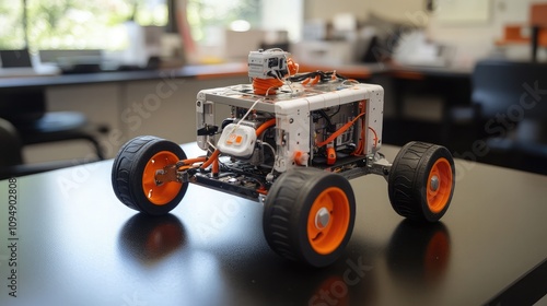 A Close-Up View of a Modern Educational Robot on a Laboratory Table, Showcasing Innovative Design and Technology in Robotics Education and Engineering Experiments