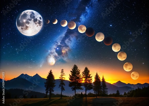 Captivating Night Photography of Moon Phases Captured in a Stunning Landscape, Showcasing the Beauty of Lunar Cycles in a Starry Sky