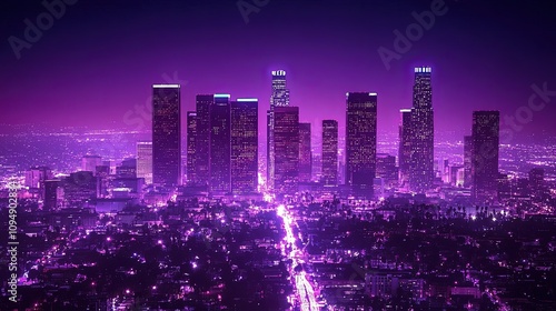 Purple-lit cityscape at night, aerial view.