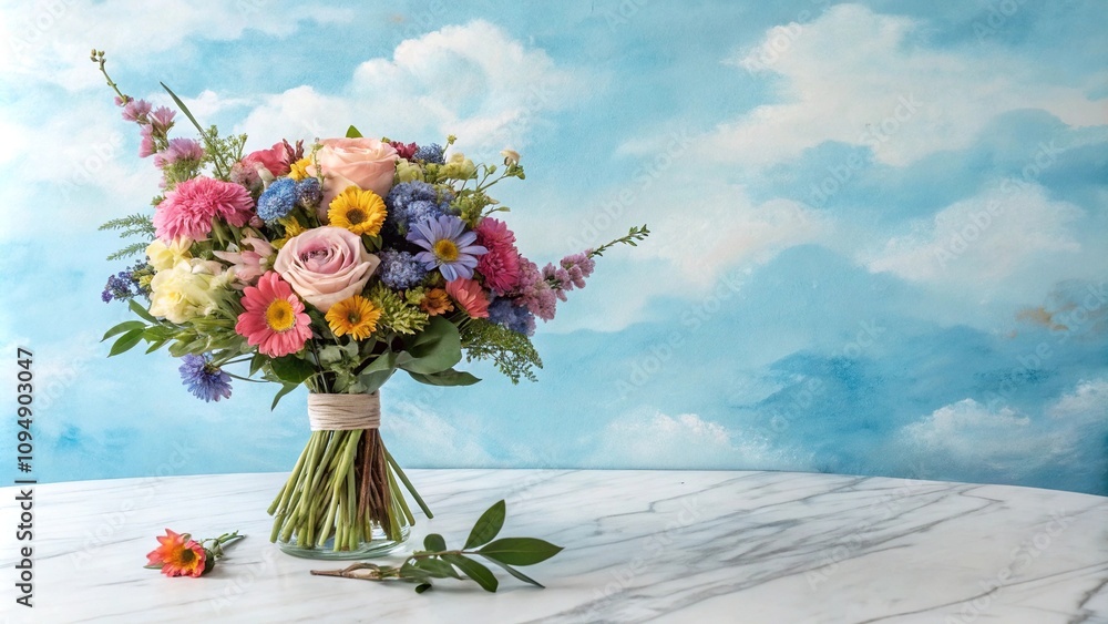 A bouquet of mixed flowers on a marble table against a serene watercolor blue sky, fresh cut flowers, watercolor blue A bouquet of mixed flowers on a marble table against a serene watercolor blue sky, fresh cut flowers, watercolor blue