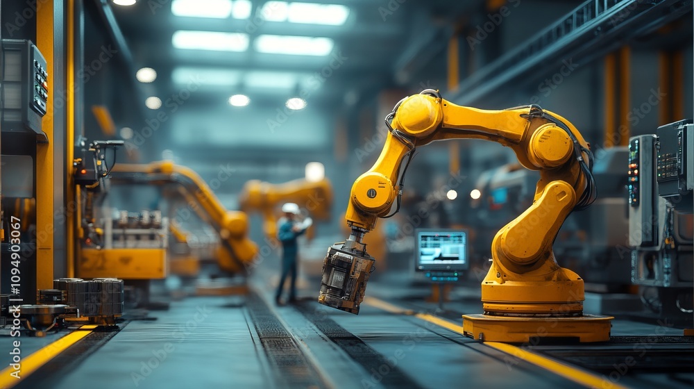 industry 40 factory with industrial engineer working alongside automation robot arms intelligent manufacturing concept 3d rendering industry 40 factory with industrial engineer working alongside automation robot arms intelligent manufacturing concept 3d rendering