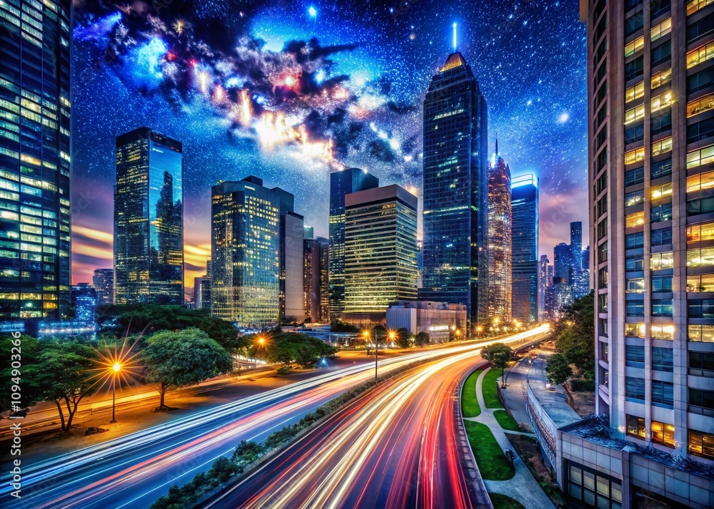 Fototapeta premium Captivating Night Photography of Urban Landscapes with Illuminated Skyscrapers and Starry Skies, Showcasing the Beauty of City Life After Dark