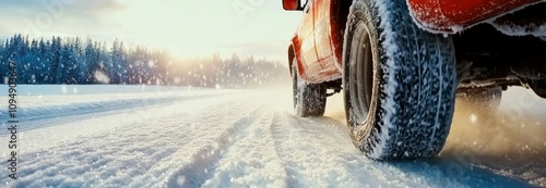 Close-up of car tires on snowy road with snow falling, red sporty car tire and wheel