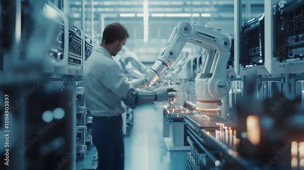 industry 40 factory with industrial engineer working alongside automation robot arms intelligent manufacturing concept 3d rendering industry 40 factory with industrial engineer working alongside automation robot arms intelligent manufacturing concept 3d rendering