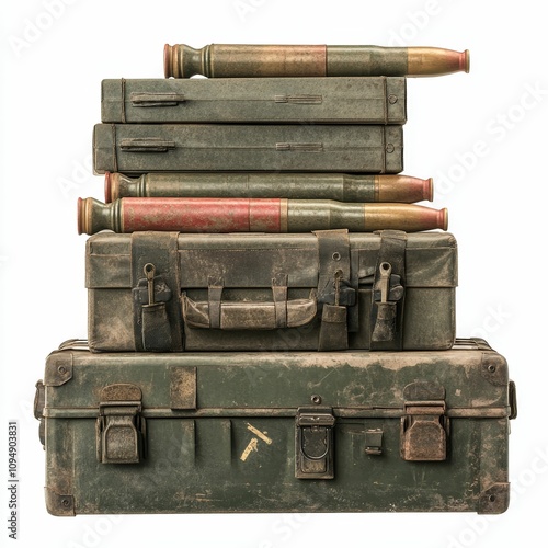 Stacked ammunition crates, weathered, military.