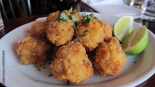 Crispy Golden Fried Balls Garnished with Fresh Herbs and Lime Slices Served on a White Plate in a Cozy Restaurant Setting