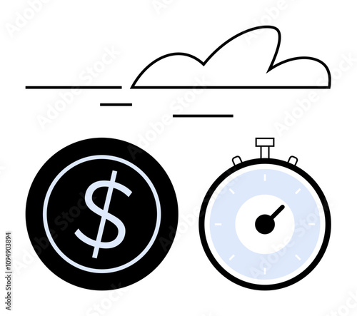 Cloud at top dollar sign in black circle and stopwatch. Ideal for financial management, investment, productivity, time management, efficiency, symbolism, modern design. Line metaphor