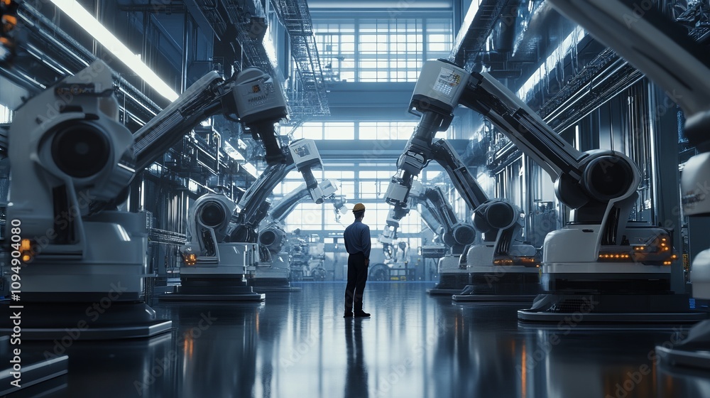 industry 40 factory with industrial engineer working alongside automation robot arms intelligent manufacturing concept 3d rendering industry 40 factory with industrial engineer working alongside automation robot arms intelligent manufacturing concept 3d rendering