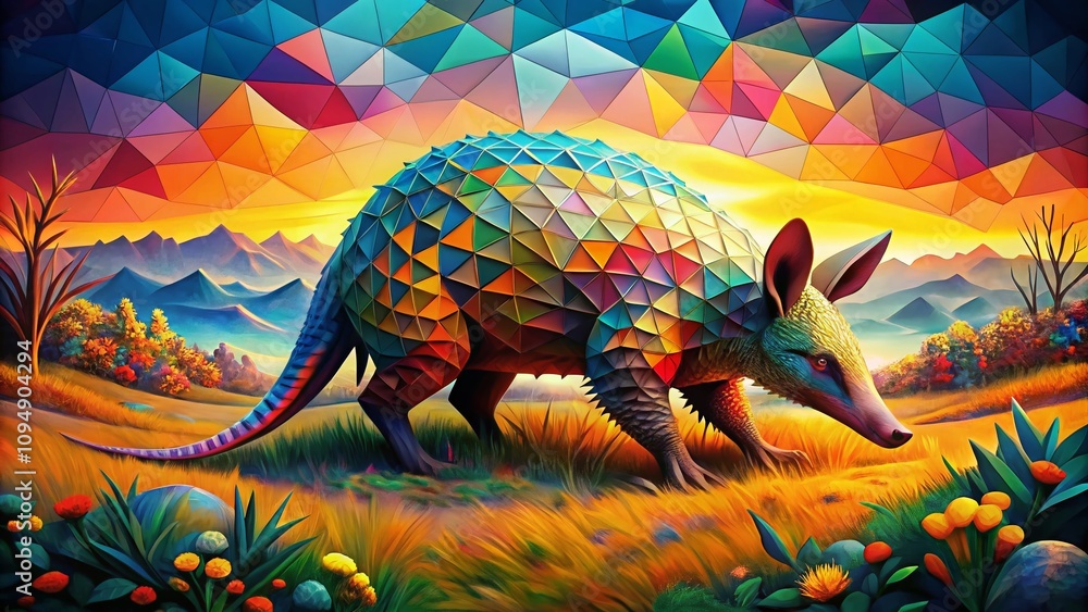 Fototapeta premium Captivating Panoramic Photography of an Aardvark in a Unique Geometric Design Style Emphasizing Colorful Patterns and Intricate Details for Artistic Exploration