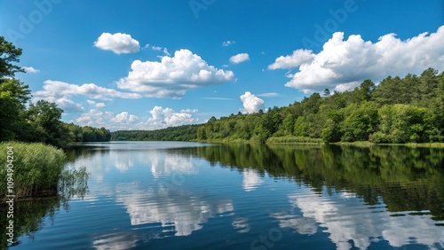 a calm and peaceful lake surface reflecting a clear blue sky with puffy white clouds and lush greenery, sky, summer, peaceful