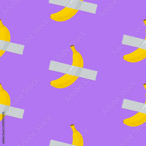 Banana and sticky tape. Seamless pattern in purple background. Modern contemporary art installation. Yellow banana taped to wall with gray duct tape. Vector illustration