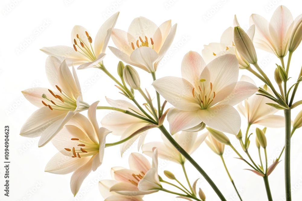 Fototapeta premium A cluster of delicate cream-colored flowers arranged artfully against a pure white backdrop highlighting their unique shapes and colors, flower arrangement, bouquet, floral pattern
