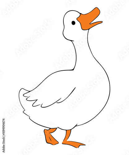 Cute goose character side view. Funny white duck or goose with open beak. Domestic bird kawaii character doodle. Cartoon farm animal isolated. Hand drawn vector illustration.