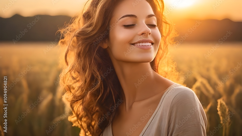 A serene, content, smiling, free woman with her eyes closed and enjoying a lovely time in the fields at sunset is depicted in this backlit portrait. A serene, content, smiling, free woman with her eyes closed and enjoying a lovely time in the fields at sunset is depicted in this backlit portrait.