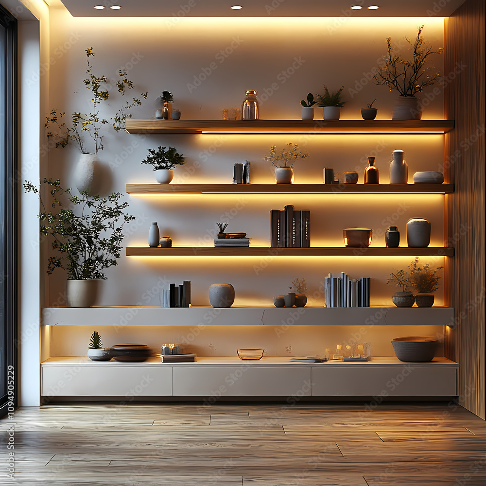 An office space with bright lighting and white walls in a modern, minimalistic style. Widely spaced shelves in light brown and beige tones are neatly arranged with a few books, elegant ornaments. An office space with bright lighting and white walls in a modern, minimalistic style. Widely spaced shelves in light brown and beige tones are neatly arranged with a few books, elegant ornaments.
