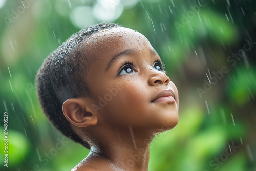 African boy with the falling rain