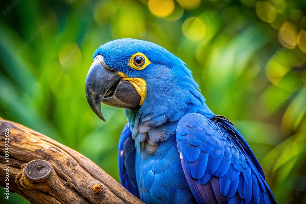 Obraz premium Captivating Portrait of a Lear's Macaw in Vibrant Colors, Showcasing Its Stunning Feathers Against a Natural Green Background, Perfect for Wildlife and Nature Photography Enthusiasts