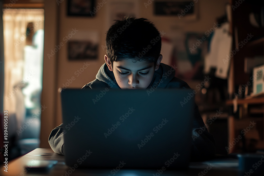 A teenage child deeply focused on studying in the IT field, surrounded by technology such as a laptop, coding scripts, and digital tools, symbolizing innovation and learning in a modern, tech-driven A teenage child deeply focused on studying in the IT field, surrounded by technology such as a laptop, coding scripts, and digital tools, symbolizing innovation and learning in a modern, tech-driven