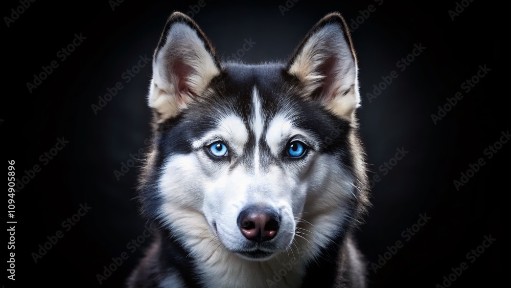 Captivating Portrait of a Siberian Husky with Striking Blue Eyes Gazing Intently Against a Deep Black Background in Tilt-Shift Photography Style Captivating Portrait of a Siberian Husky with Striking Blue Eyes Gazing Intently Against a Deep Black Background in Tilt-Shift Photography Style