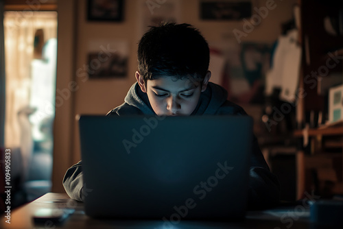  A teenage child deeply focused on studying in the IT field, surrounded by technology such as a laptop, coding scripts, and digital tools, symbolizing innovation and learning in a modern, tech-driven 