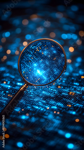 A magnifying glass floating over a blue digital grid background, symbolizing the concept of technology, data analysis, and research. The image emphasizes the magnifying glass as a tool for examining d photo