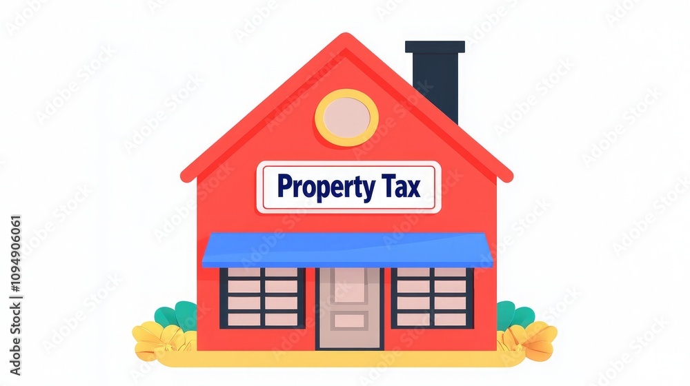 Illustration of a colorful house with a sign showing 'Property Tax', symbolizing real estate and housing finance. Illustration of a colorful house with a sign showing 'Property Tax', symbolizing real estate and housing finance.