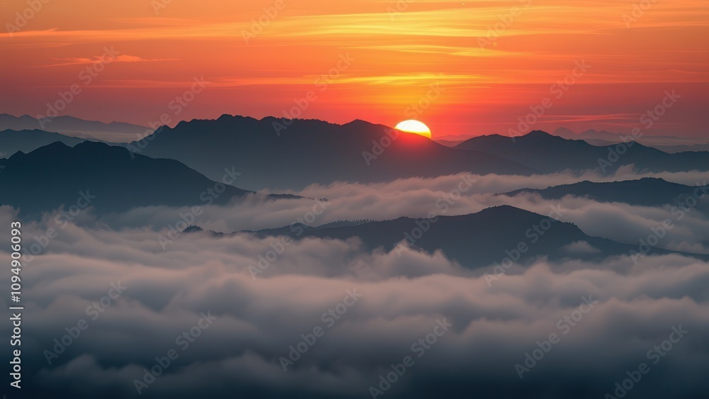 Dark mountain range silhouette with misty fog at sunrise, silhouette, rugged, mountain range Dark mountain range silhouette with misty fog at sunrise, silhouette, rugged, mountain range
