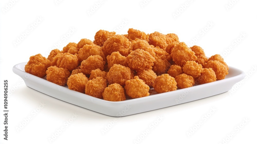 Deliciously Golden Fried Chicken Bites Piled High on a White Plate, Perfect for Appetizers, Parties, or Family Gatherings Surrounded by a Crisp White Background Deliciously Golden Fried Chicken Bites Piled High on a White Plate, Perfect for Appetizers, Parties, or Family Gatherings Surrounded by a Crisp White Background