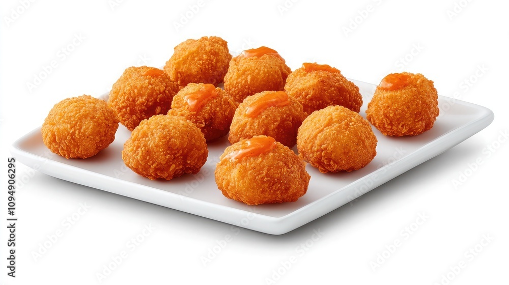Crispy Golden Fried Balls with Spicy Sauce on a White Plate Perfect for Appetizers or Snacks at Parties and Gatherings Crispy Golden Fried Balls with Spicy Sauce on a White Plate Perfect for Appetizers or Snacks at Parties and Gatherings