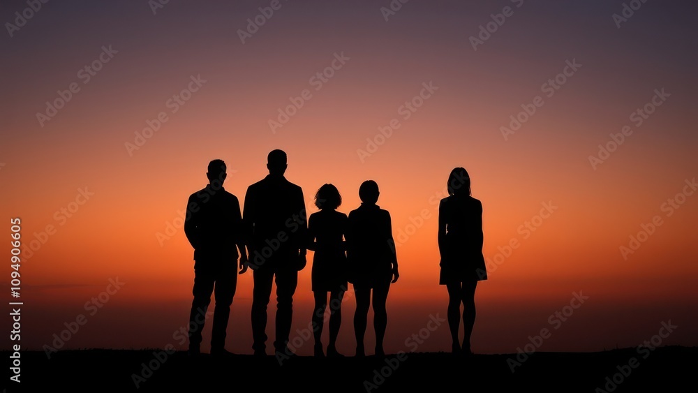Family silhouette standing in a row, facing the horizon, support, love, unity Family silhouette standing in a row, facing the horizon, support, love, unity