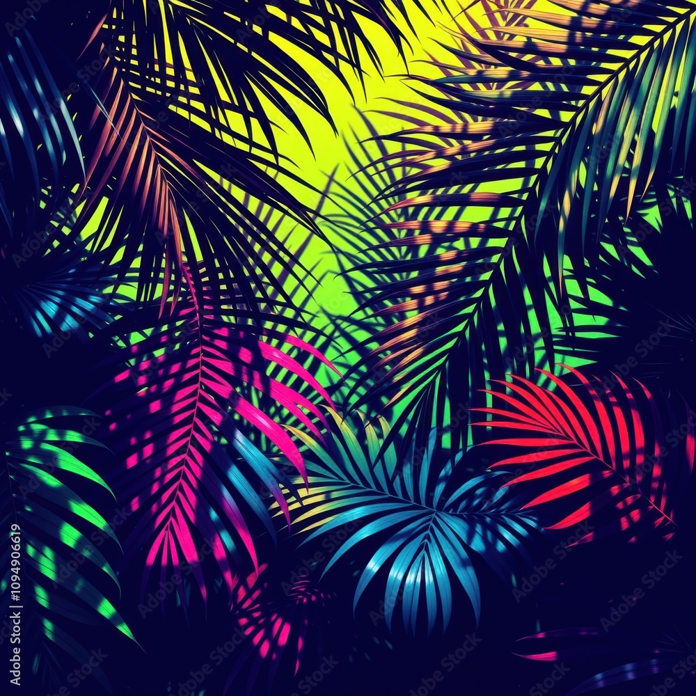 Exotic and tropical palm leaf silhouette pattern in bold colors, vibrant, exotic, lush Exotic and tropical palm leaf silhouette pattern in bold colors, vibrant, exotic, lush