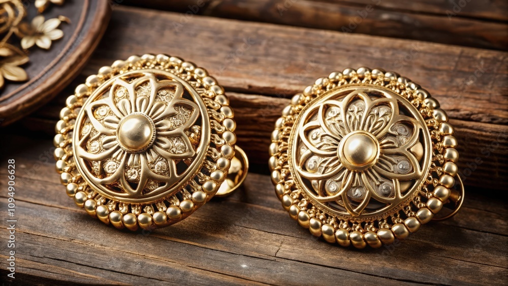 Two Ornate Gold Earrings with Floral Designs on Rustic Wooden Surface Two Ornate Gold Earrings with Floral Designs on Rustic Wooden Surface