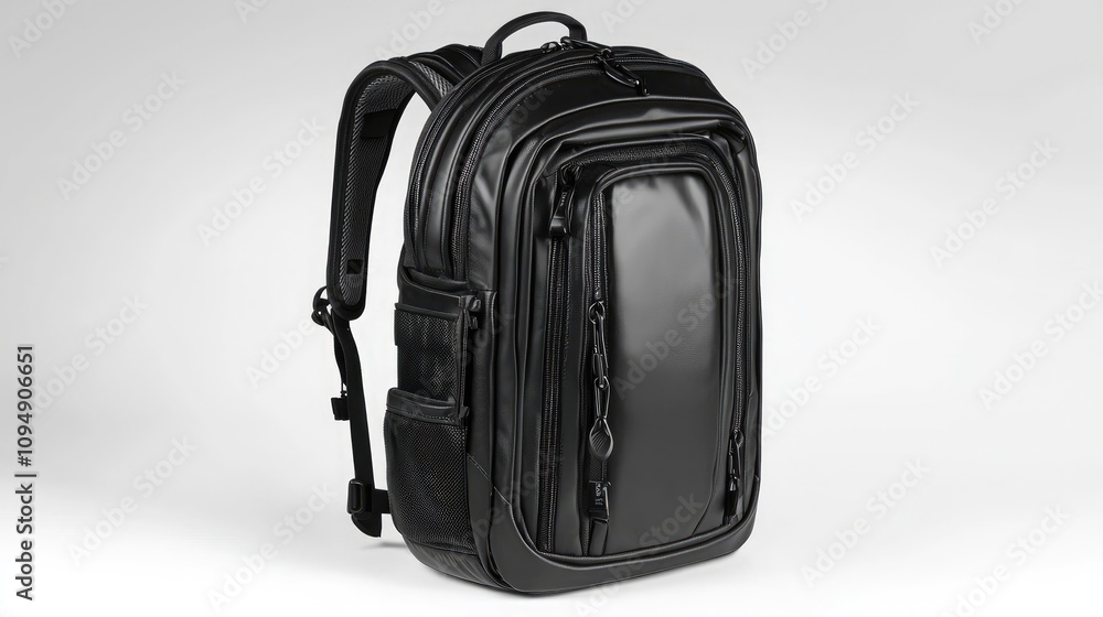Naklejka premium Stylish black backpack with a sleek design, perfect for daily use or travel, combining functionality with modern aesthetics.