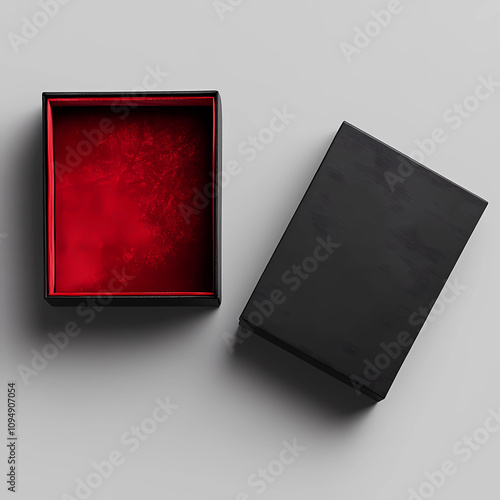 Black Box Packaging with Red Velvet Interior, Opened View from Top