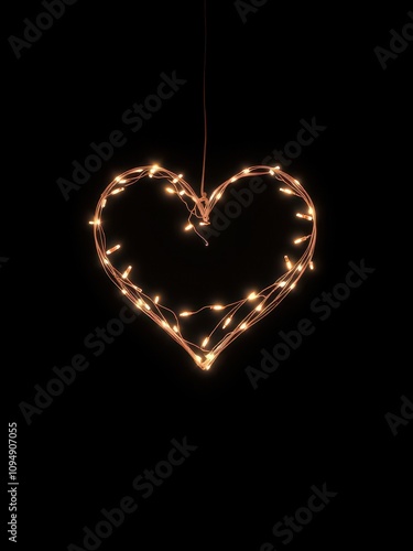 Heart shape outlined with glowing fairy lights on dark background, mystery, Valentine's Day, shadows, fairy, magical