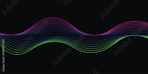 Vector wave line pattern smooth curve flowing dynamic green and red gradient light isolated on black background for luxury, technology, digital concept