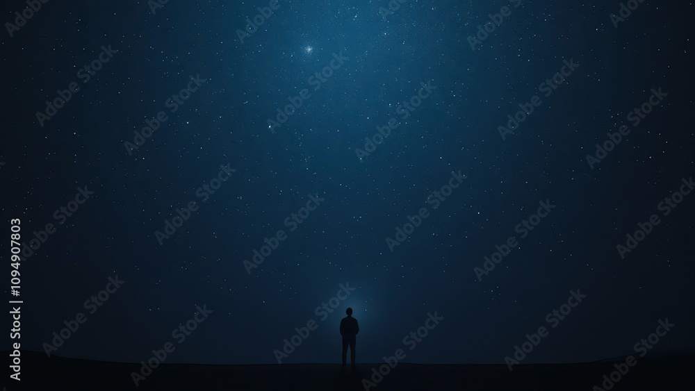 Fototapeta premium Lone individual gazing at stars in silhouette against night sky, stars, night, alone, contemplation, stargazing