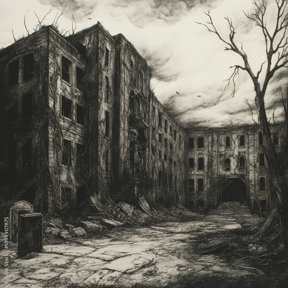 Ruined building, overgrown, desolate, dark, ominous. Ruined building, overgrown, desolate, dark, ominous.