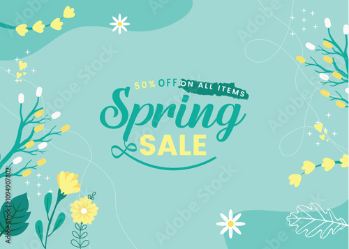 Spring Sale Natural Horizontal Banner Template. Promo Discount Season Offer Hot Price Poster. Clearance Super Deal Card Design with Petal and Leaf for Holiday Flat Vector Illustration