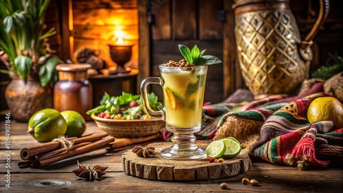 Captivating Portrait Photography of Traditional Pito Drink in a Rustic Setting, Highlighting Cultural Heritage and Authenticity in a Beautifully Crafted Glass photo