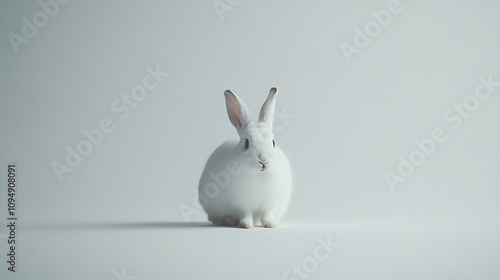 A rabbit crouched down with its body low to the ground and ears perked up, against a minimalist white background photo