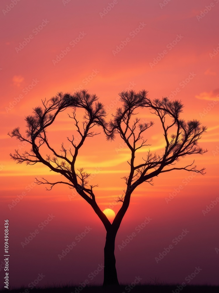 Silhouette of heart-shaped tree branches against sunset sky, twilight, natural, solitude, nature Silhouette of heart-shaped tree branches against sunset sky, twilight, natural, solitude, nature